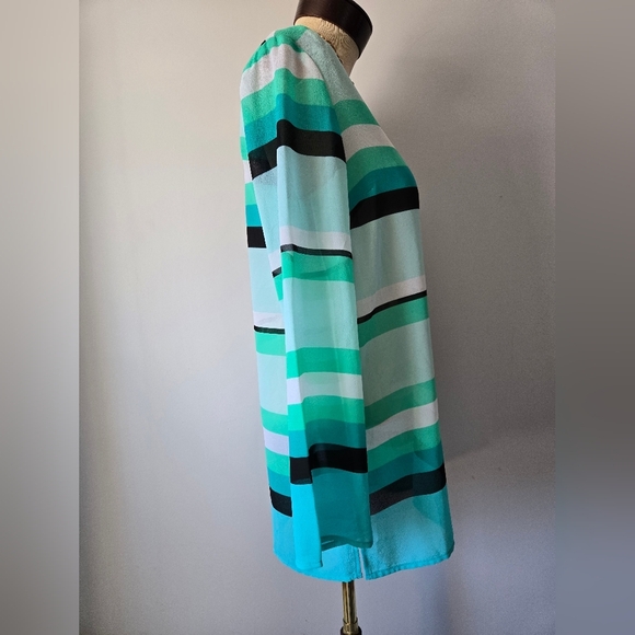Michael Kors Semi Sheer Green, White And Black Striped Tunic Blouse. Size Small - Picture 5 of 13